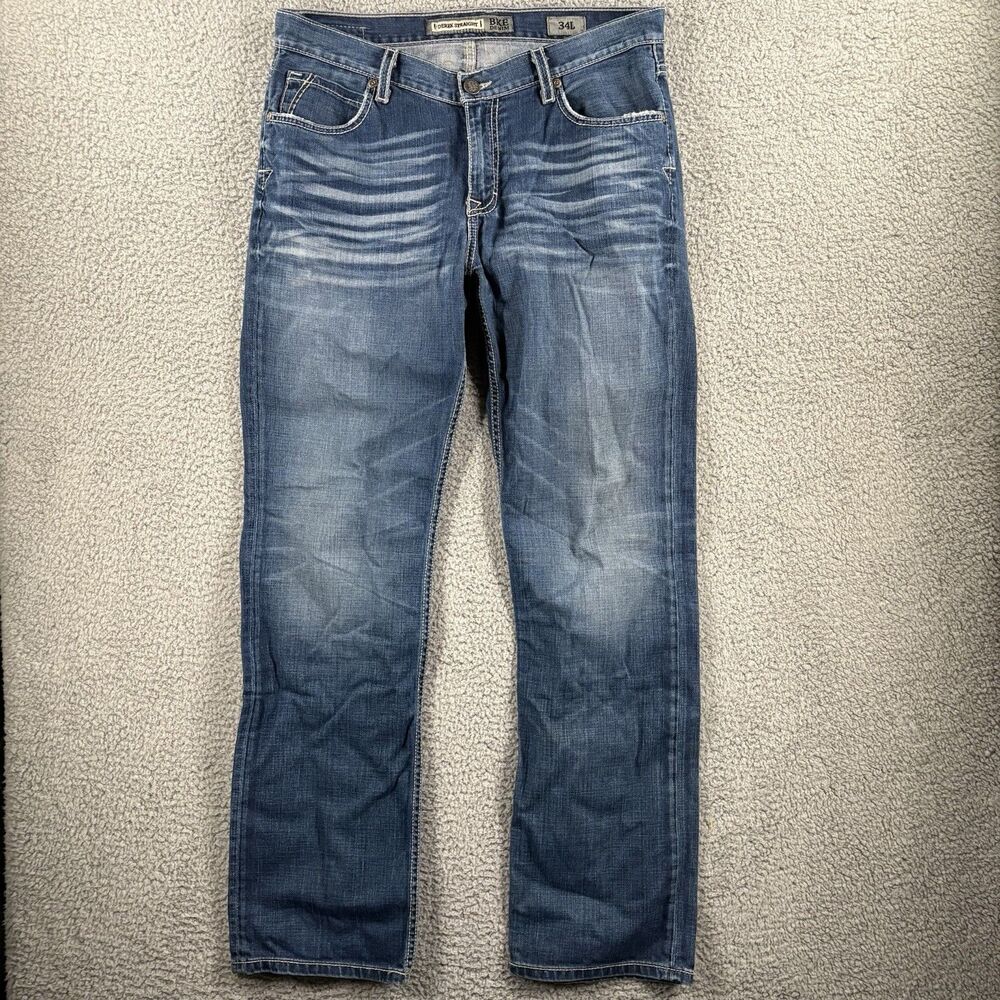 BKE Jeans Derek Straight Leg Mens Size 34L 34x34 Blue Denim Pants Dark Wash